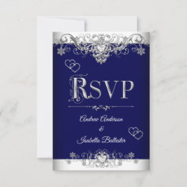 Convite Casamento RSVP Azul Royal Prata Diamante Corações
