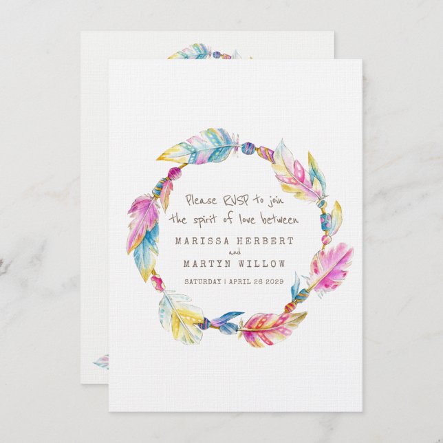 Convite Casamento RSVP boho feather trepa nativa tribal (Frente/Verso)
