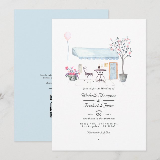 Convite Casamento RSVP Código QR Aquarela Paris (Frente/Verso)