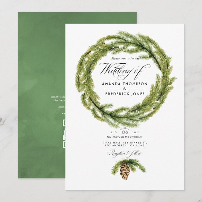 Convite Casamento RSVP Código QR de Pinheiros de Aquarela  (Frente/Verso)