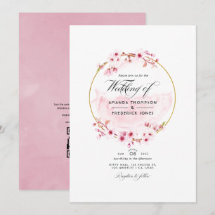 Convite Casamento RSVP Código QR Flor de Cerejeira Rosa Ge