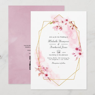 Convite Casamento RSVP Código QR Flor de Cerejeira Rosa Ge