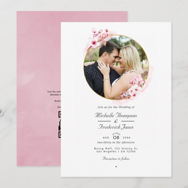 Convite Casamento RSVP Código QR Flor de Cerejeira Rosa Ge (Frente/Verso)