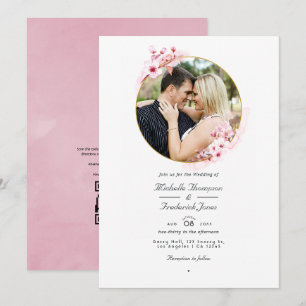Convite Casamento RSVP Código QR Flor de Cerejeira Rosa Ge