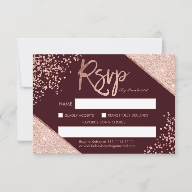 Convite casamento rsvp com rosa dourado confetti burgundy (Frente)