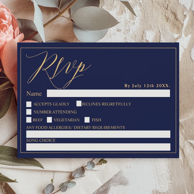 Convite Casamento rsvp com script chic chic azul-marinho D (Gold navy blue elegant script chic rsvp wedding invitation)