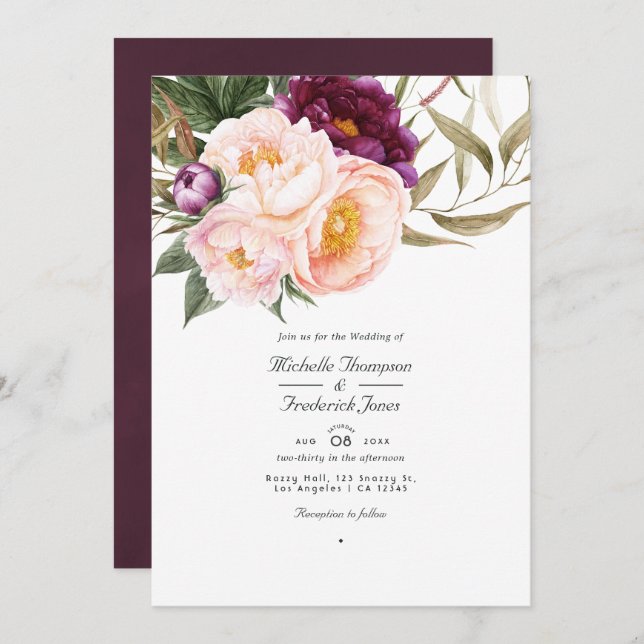 Convite Casamento RSVP de Código de QR Floral de Plum e Pe (Frente/Verso)