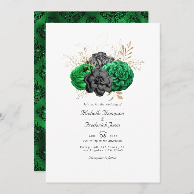Convite Casamento RSVP de Código de QR Floral e Escuro Eme (Frente/Verso)
