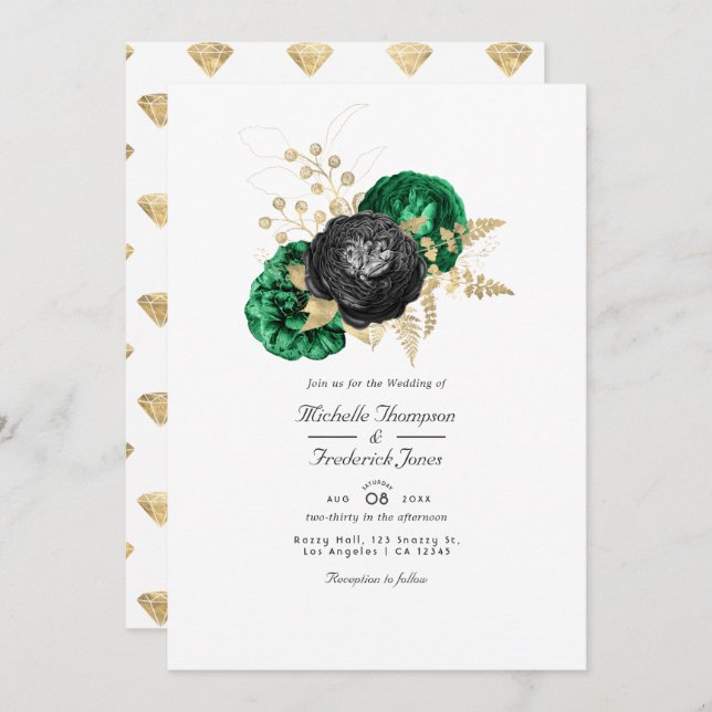 Convite Casamento RSVP de Código de QR Floral e Escuro Eme (Frente/Verso)