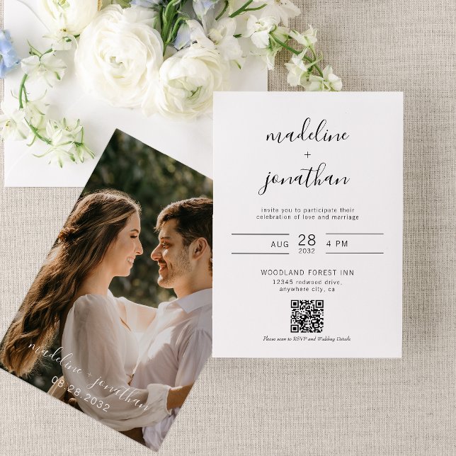 Convite Casamento Rsvp de Código QR de Foto de Script Eleg (Criador carregado)