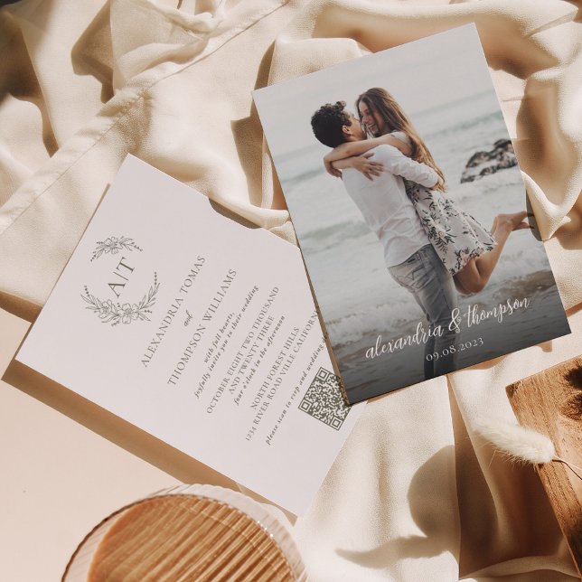 Convite Casamento RSVP de Código QR de Foto Verde de Sage  (Criador carregado)