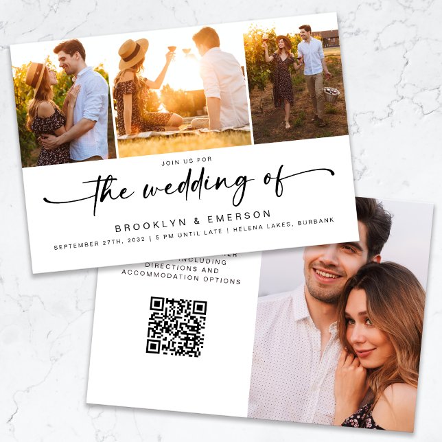 Convite Casamento RSVP de Código QR de Quatro Fotos Modern (Criador carregado)