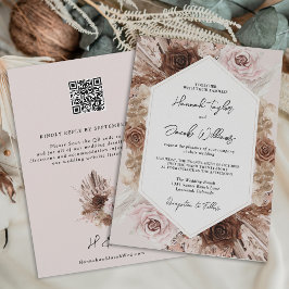 Convite Casamento RSVP de Código QR do Boho Rosa Pampas Gr