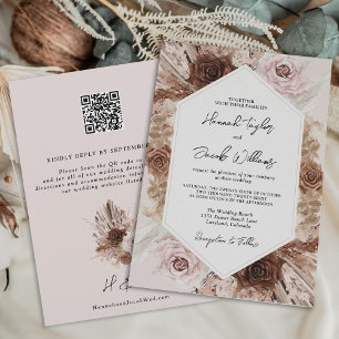 Convite Casamento RSVP de Código QR do Boho Rosa Pampas Gr