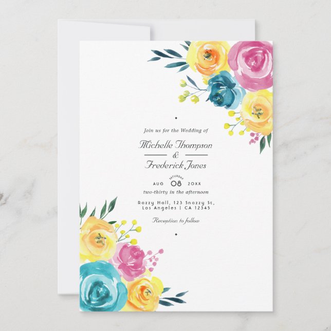 Convite Casamento RSVP de Código QR Floral Amarelo e Turqu (Frente)