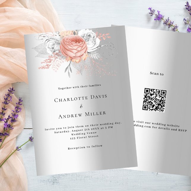 Convite Casamento RSVP de código QR floral de rosa prata (Criador carregado)