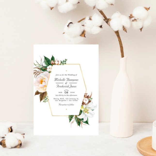 Convite Casamento RSVP de Código QR Floral Dourado e Branc (Criador carregado)