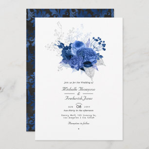 Convite Casamento RSVP de Código QR Floral Real Azul e Pra