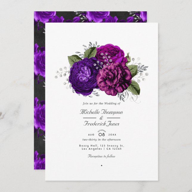 Convite Casamento RSVP de Código QR Floral Real Roxo e Pra (Frente/Verso)