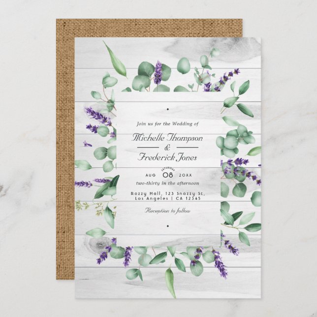 Convite Casamento RSVP de Código QR Russo da Lavanda Eucal (Frente/Verso)