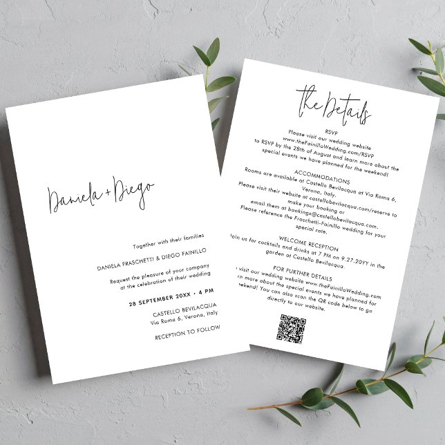 Convite Casamento RSVP de Código QR Simples e Elegante (Simple, minimalist wedding invitation with QR code and RSVP on back.)