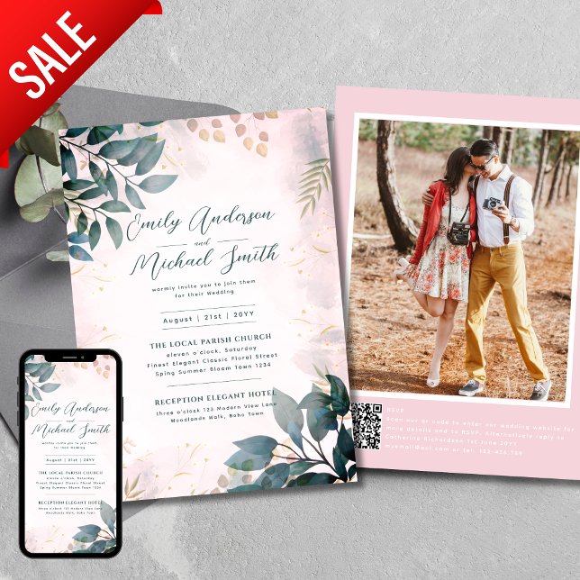 Convite Casamento Rsvp De Foto De Blush De Teal Romântico  (Criador carregado)