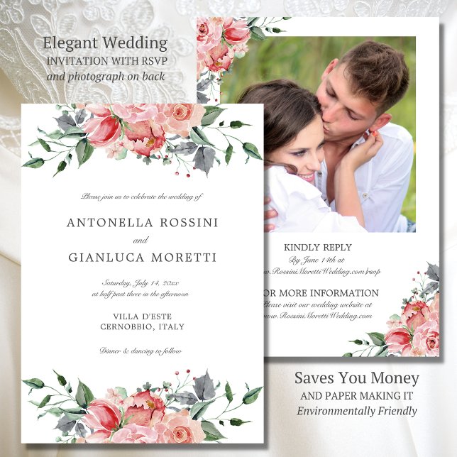 Convite Casamento RSVP de Fotos das Flores Rosa Elegante (Elegant wedding invitation with RSVP on back saves you money and is environmentally friendly)
