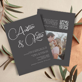 Convite Casamento RSVP de Fotos de Script Preto e Branco S