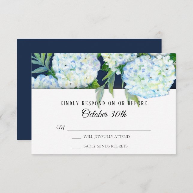 Convite Casamento RSVP de Marinho Floral de Hydrangea Azul (Frente/Verso)