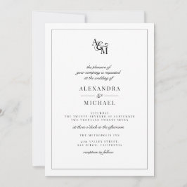 Convite Casamento RSVP de Monograma Branco Negro Simples E