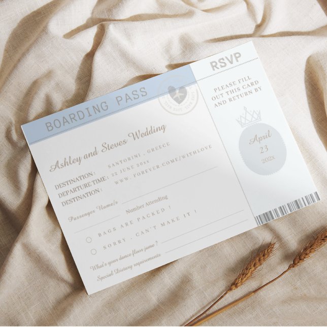 Convite Casamento RSVP de Passaporte Blue Boho (Criador carregado)