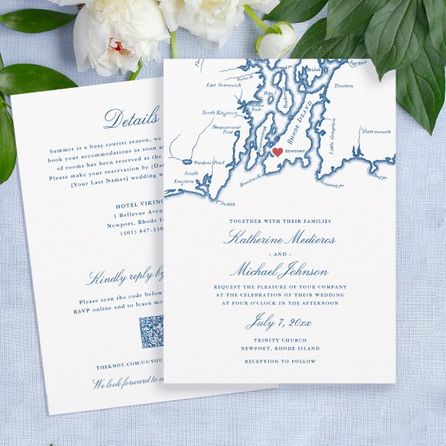 Convite Casamento RSVP do Código QR All-in-One do Mapa de  (Newport RI all-in-one wedding invitation with QR code RSVP and details on the back in elegant navy )