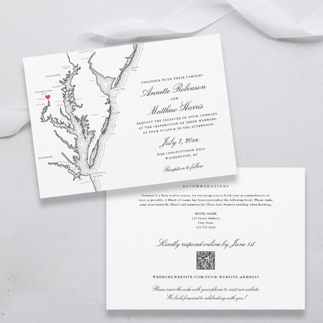 Convite Casamento RSVP do código QR completo em Washington (Washington DC All-in-One QR code Wedding invitation in elegant black and white | Coastal Map Designs)