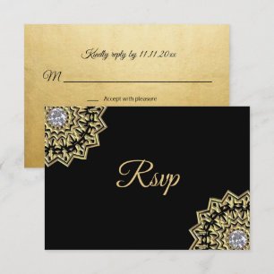 Convite Casamento RSVP Mandala Indiano Preto Dourado Perso