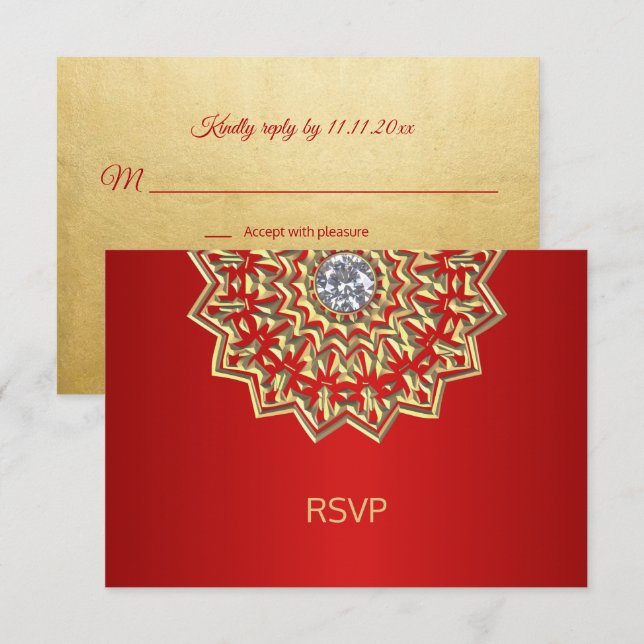 Convite Casamento RSVP Mandala Índio Ouro Rubi Personaliza (Frente/Verso)