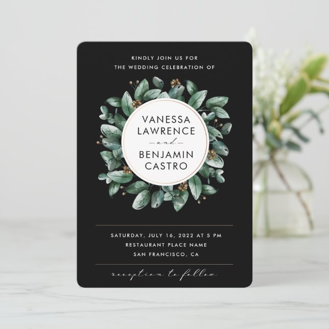 Convite Casamento Rsvp preto Eucalyptus Greenery (Em pé/Frente)