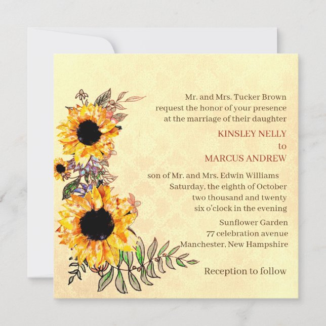 Convite Casamento Russo Amarelo-Sunflower (Frente)