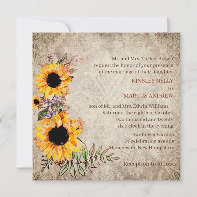Convite Casamento Russo Amarelo-Sunflower (Frente)