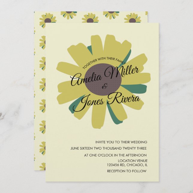 Convite Casamento Russo Amarelo-Verde-Girassol (Frente/Verso)