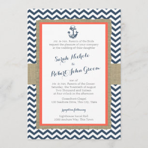 Convite Casamento Russo Azul-Coral-Anchor e Chevron