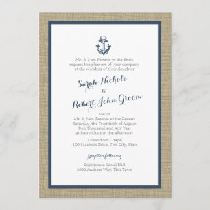 Convite Casamento Russo Azul-Marinho Anchor e Burlap