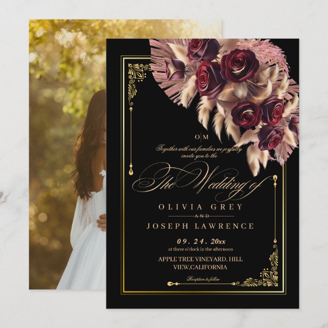 Convite Casamento Russo Burgundy Black Floral Boho (Frente/Verso)