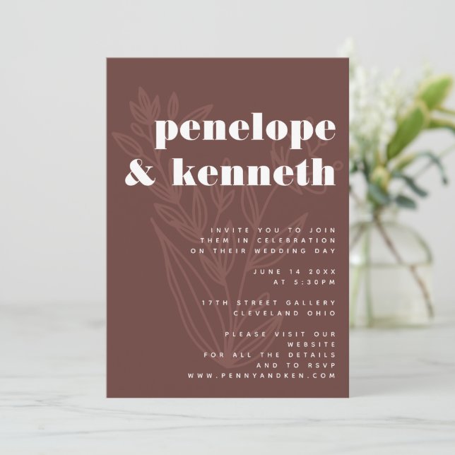 Convite Casamento Russo Caloroso de Arte Floral Minimalist (Em pé/Frente)