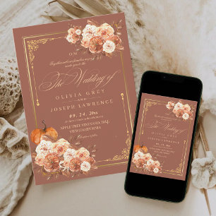 Convite Casamento Russo de Boho Floral Dourado de Terracot
