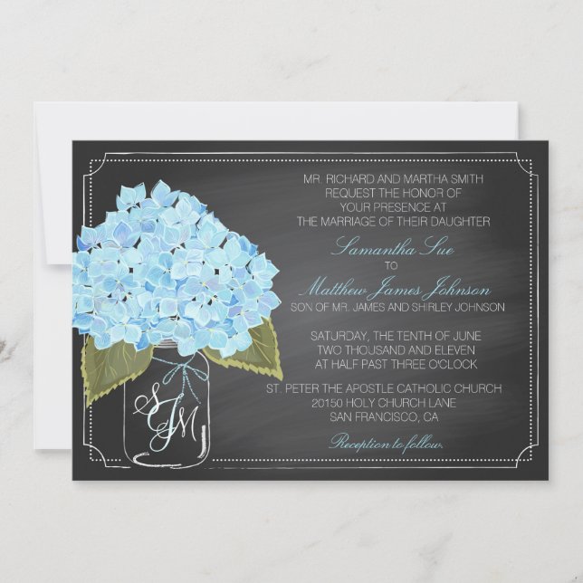 Convite Casamento Russo de Chalkboard Blue Hydrangea (Frente)