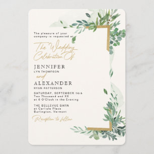 Convite Casamento Russo de Chic Dourado e Verde Eucalyptus