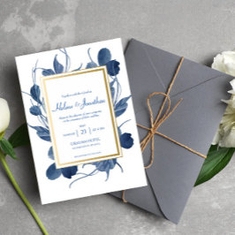 Convite Casamento Russo de Cor Fluvial Floral Azul-Marinho