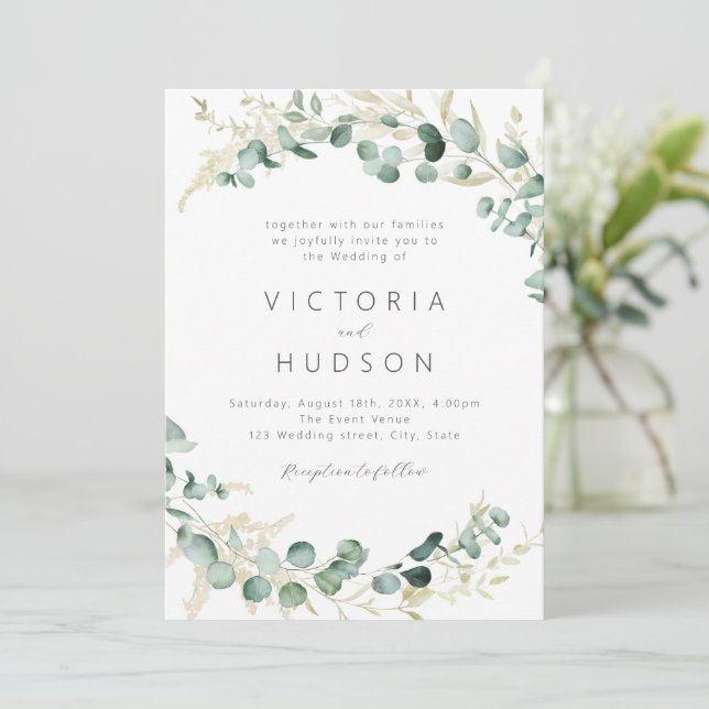 Convite Casamento russo de eucalipto verde-boho (Em pé/Frente)