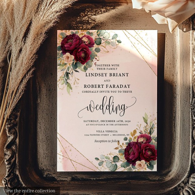 Convite Casamento Russo De Flores Douradas Vermelhas Chic  (Chic Dark Red Gold Blush Flowers Rustic Wedding Invitation)