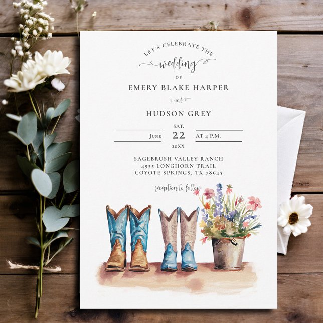 Convite Casamento Russo de Flores Selvagens-Cowboy Boots (country wedding invitation rustic western barn chic modern watercolor cowboy boots wildflowers)